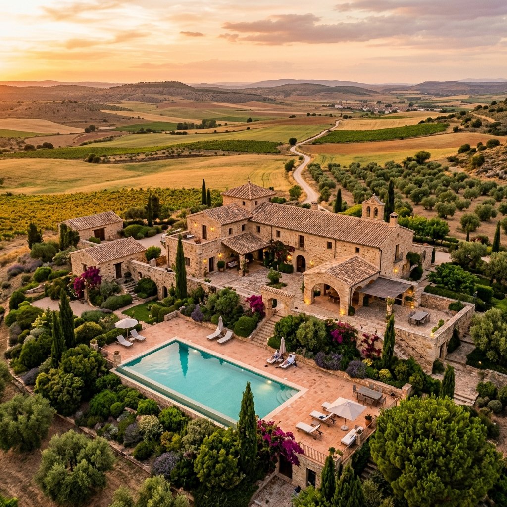 Vista aérea de Villa Rural Los Arcos al atardecer
